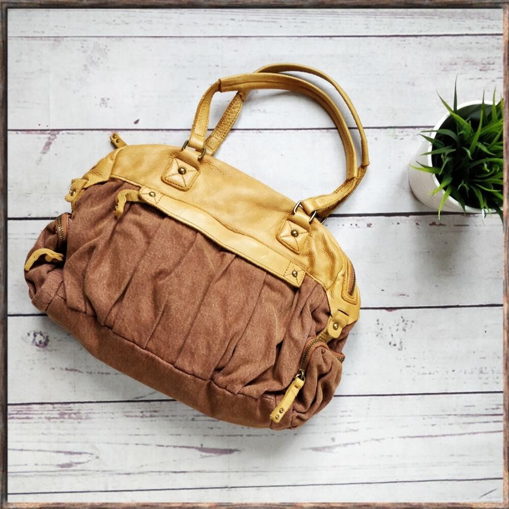 SCHULER AND SONS PHILADELPHIA Leather Canvas Purse Tan Brown Medium